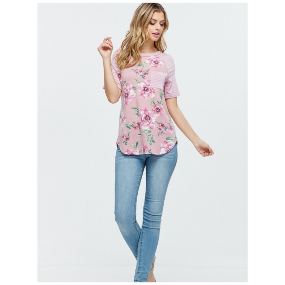 Floral & Stripe Raglan Tee with Pocket - Picture 2 of 5